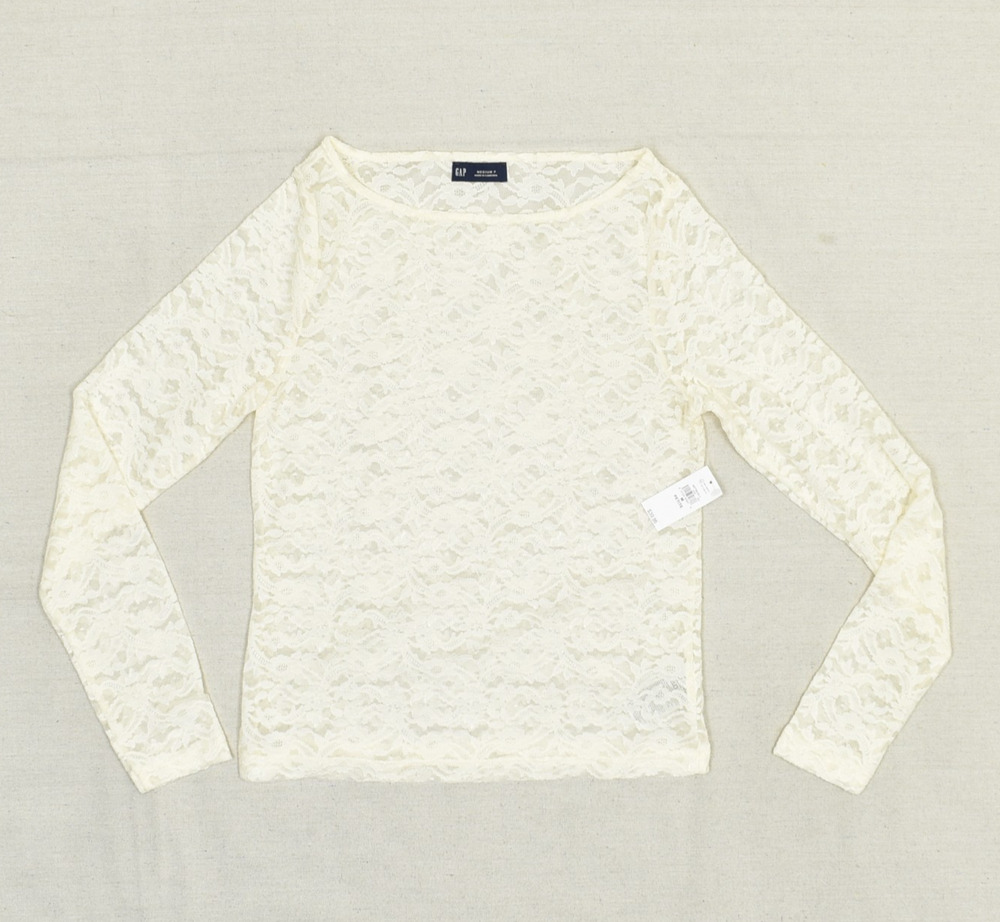 New Gap Women Blouse Long Sleeve Lace Top Crew Neck Sz PM Beige Boat Neck Nylon